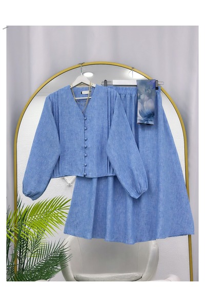 YEDİLALE Drapeli̇ K Linen Blazer Skirt Double Set [Excluding Shawl]