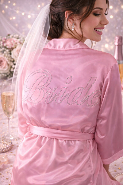 Happyewent Taşlı Bride Yazılı Pembe Saten Gelin Sabahlığı – Gelin Hazırlık Sa...