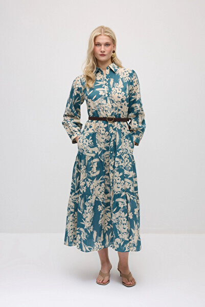 Gusto Desenli Koton Gömlek Elbise - Yeşil