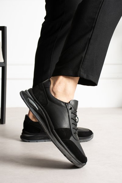Victoris Nexon Genuine Leather Men's Lace-Up Comfort Sole Casual Black Sneakers
