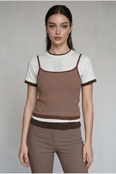 Madmext Καφέ Ριγέ Γυναικείο T-shirt με διπλό σχέδιο MG2699