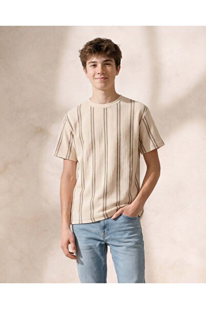REDTAG Boys Cream Striped Short Sleeve T-Shirt