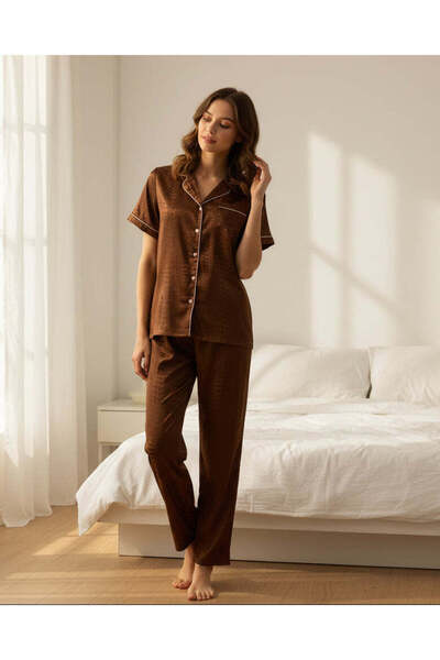 REDTAG Women Brown Jacquard Short Sleeve Pyjama Set