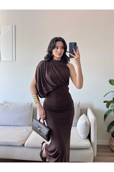 Zoom Butik Tek Omuz Drapeli Elbise - KAHVE
