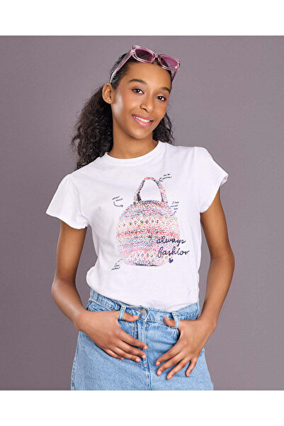 REDTAG Senior Girls Off White Allover Print T-Shirt