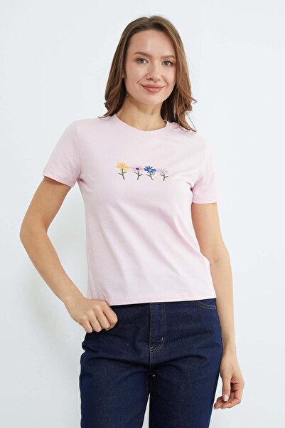 Fulla Moda Tricou guler rotund cu broderie florală