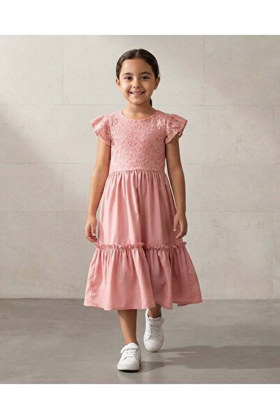 REDTAG فستان بناتي بني اللون مزين بالدانتيل