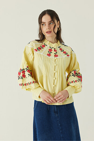 ZÜLAYS Fırfır Yaka Nakışlı Gömlek Sarı