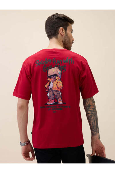 STATUS QUO Oversized Back Graphic Print Maroon T-shirt