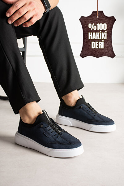 ORION Hakiki Deri Erkek Bağcıklı Kalın Taban Casual Lacivert Sneaker