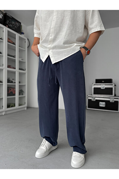 BYBASICMAN Μπλε ναυτικό παντελόνι με εφέ πλύσης ελαστικό ύφασμα Baggy Pants J...