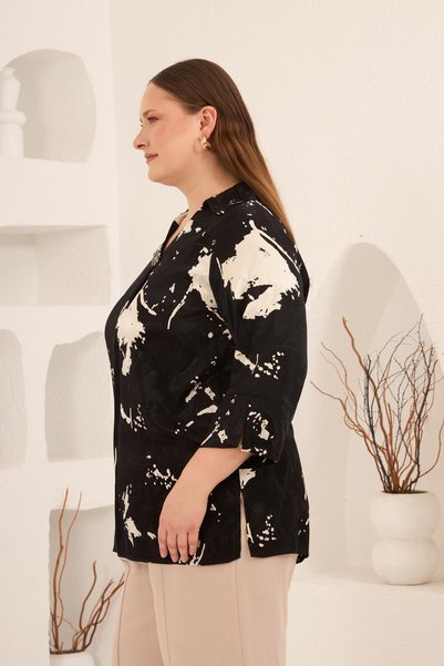 RMG Abstract Patterned Brooch Detailed Women's Plus Size Blouse Black