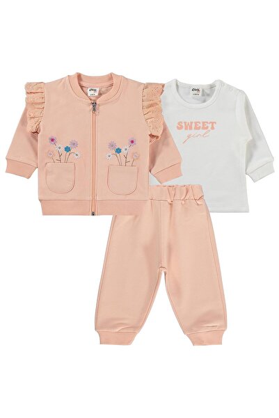 Civil Baby Çiçek Nakışlı Hırkalı 6-18 Ay Takım - Pudra 6-9 Ay