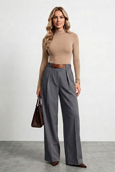 LEY COLLECTİON Women's Belt Pack Trousers Wide Leg Straight Smoked Women's Tr...