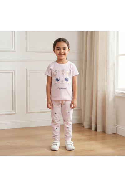 REDTAG طقم بيجاما للبنات بطبعة قطة أرجوانية