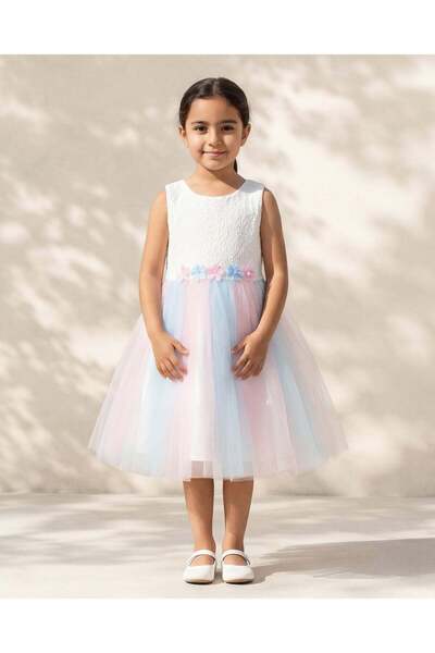 REDTAG Girls Blue And White Pastel Tulle Party Dress