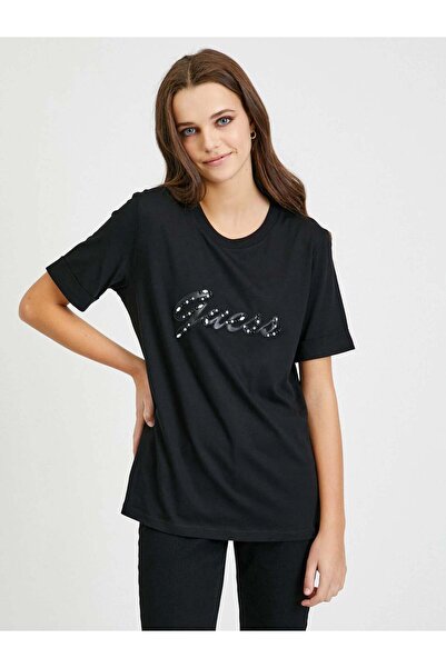 Guess BLACK COTTON LEATHER T-SHIRT