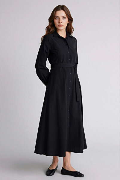 DeFacto H0195Axbk81 Black Shirt Collar Poplin Long Sleeve Dress