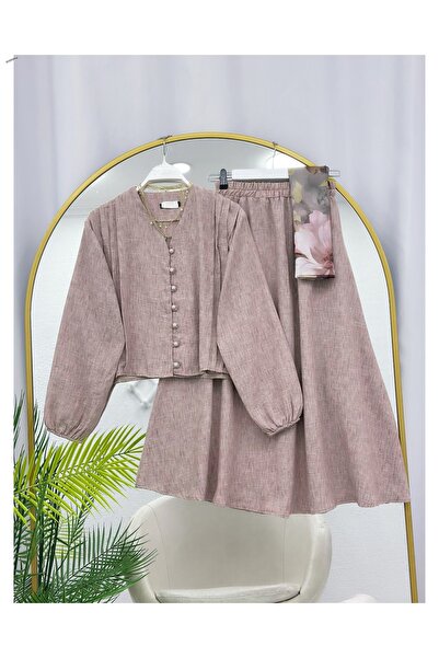 YEDİLALE Drapeli̇ K Linen Blazer Skirt Double Set [Excluding Shawl]