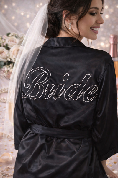 Happyewent Bride Written on Black Satin Bridal Dressing Gown – Bridal Prepara...