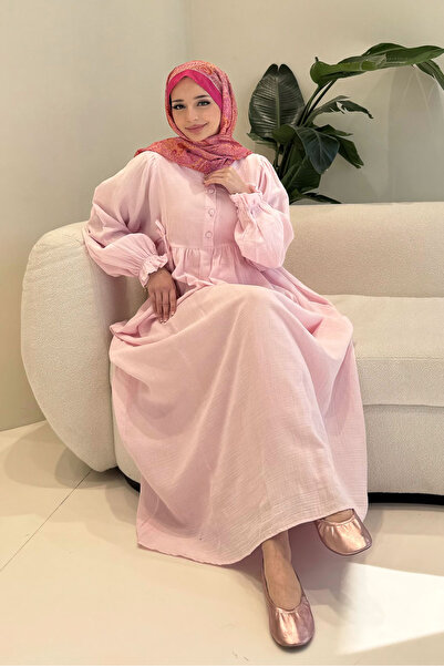 Ovn. Liorena Yandan Bağlamalıi Müslin Elbise - Pembe