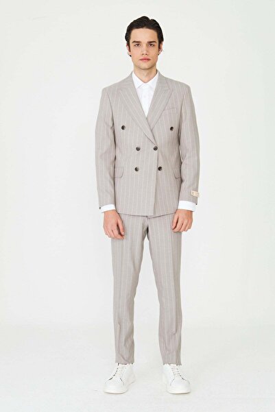 White Stone Beige Striped Double-Breasted Pointed Collar Modern Cut Men's Suit