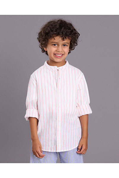 REDTAG Boys White Striped Mandarin Collar Shirt