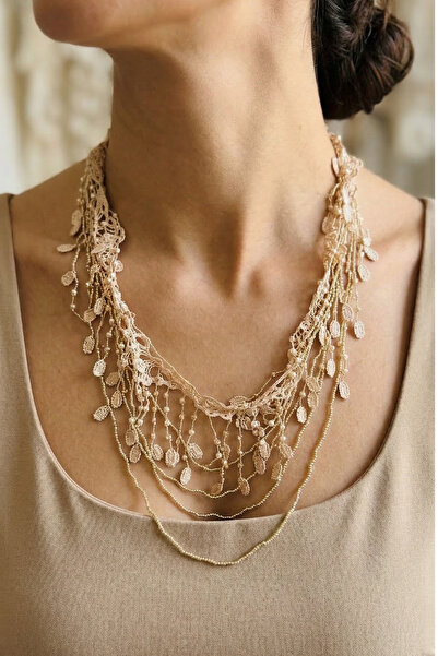 PETEK AKSESUAR Long Beaded Güpür Design Necklace