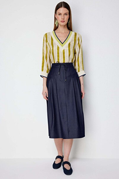 Ekol Beli Bağcıklı Pileli Midi Etek