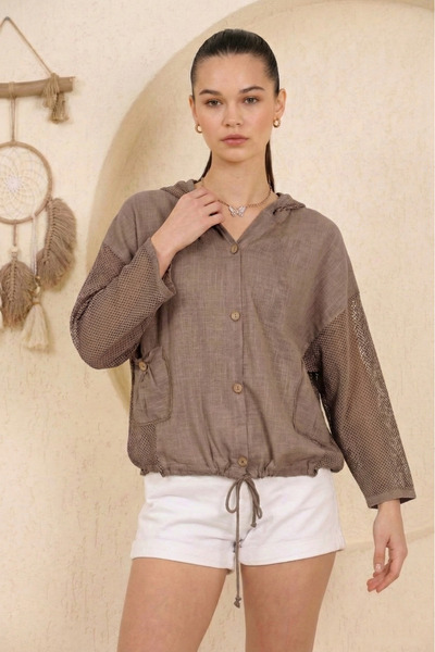NEW JOURNAL Women's Mink Hooded Pocketed Mesh Detailed Linen Shirt Nj128