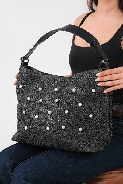 FEMME حذاء نسائي ذهبي مزين باللؤلؤ من القش المنسوج O حقيبة كتف - أنيق للاستخد...