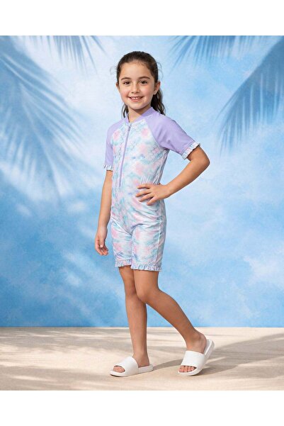 REDTAG Girls Lilac Fishscale Allover Print Swimming Suit
