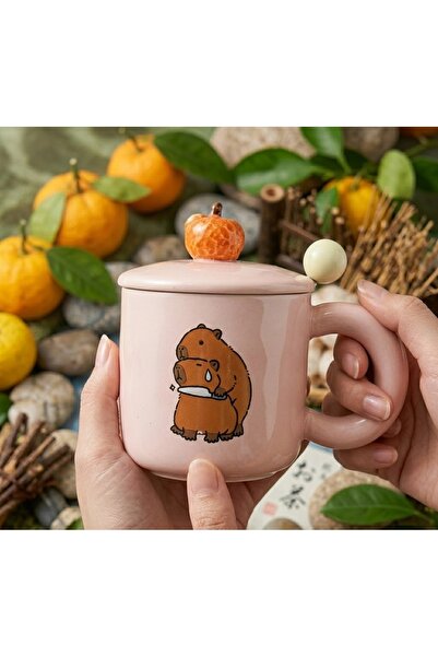 Kuzey Tacı Pink Capybara Ceramic Mug with Lid and Spoon Decorative Coffee Her...
