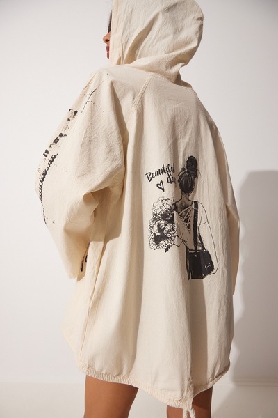 NEW JOURNAL Γυναικείο Κρεμ Μπουφάν με κουκούλα με τύπωμα Λινό NJ129