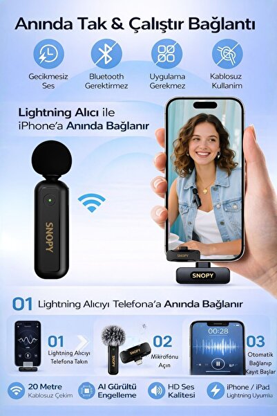 Snopy Yaka Mikrofonu Lightning Kablosuz 2 Mikrofonlu Siyah SN-MW80