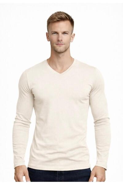 AXXEL Erkek Açık Krem Pamuklu Likralı Süprem Uzun Kollu T-shirt-D236