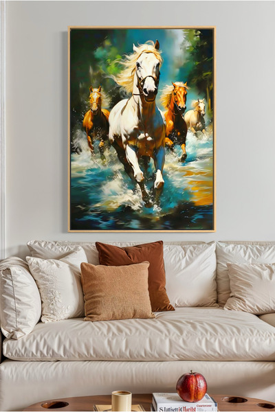 ARTAN GALLERY Koşan Atlar Duvar Tablosu İtalyan Kadife Yağlı Boya Görünümlü A...