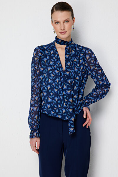 ON Patterned Chiffon Blouse with Scarf Collar