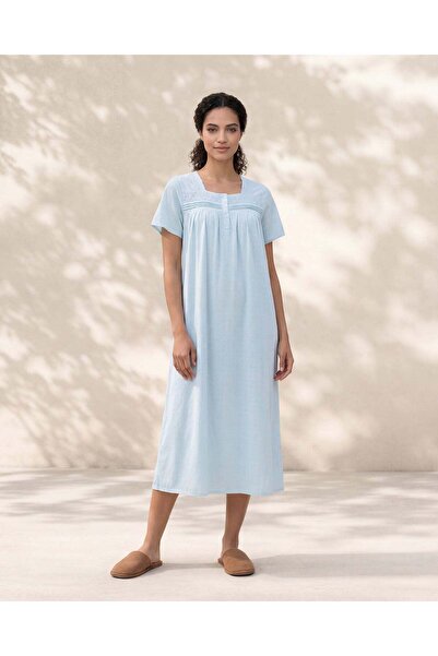 REDTAG Women Blue Long Nightgown With Lace Neck Detail