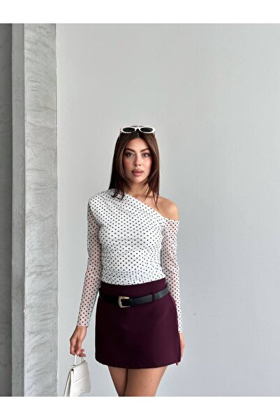 ÇEÇİM Bluză de damă cu buline cu model cu un singur umăr detaliu din tul ZYN-...