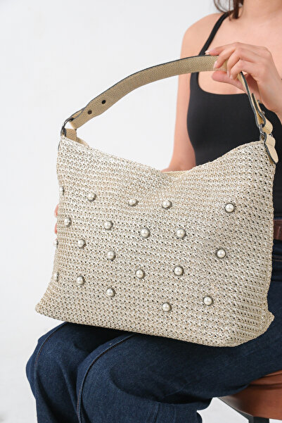 FEMME Women's Gold Pearl Detailed Straw Knit O Shoulder Bag - Stylish Daily W...