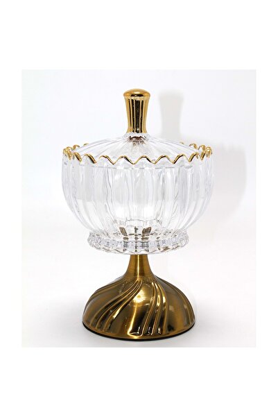 Store Metal Ayaklı Kristal Cam Şekerlik Gold Detaylı Dekoratif Sunumluk 11x15...