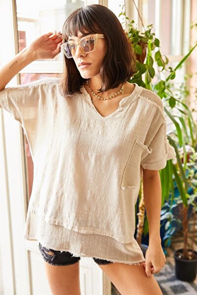 NEW JOURNAL Women's Beige Hakim Collar Mesh Detailed Short Sleeve Linen Blous...