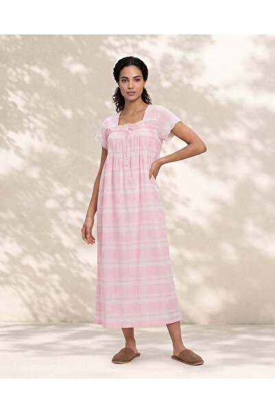 REDTAG Women Pink Check Embroidered Yoke Nightgown