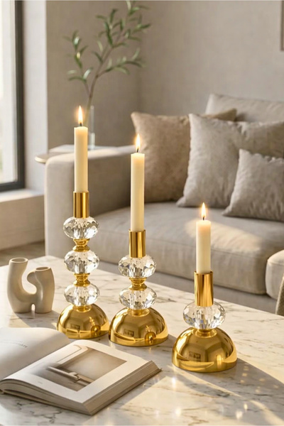 HOMİNG Valerra Gold Camlı Şamdan Mumluk Seti 242605