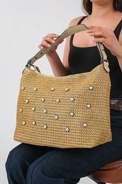 FEMME Women's Gold Pearl Detailed Straw Knit O Shoulder Bag - Stylish Daily W...