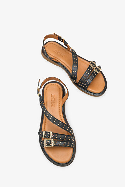 İNNABUTİKK Lea Women's Genuine Leather Troklu Daily Sandals - Black