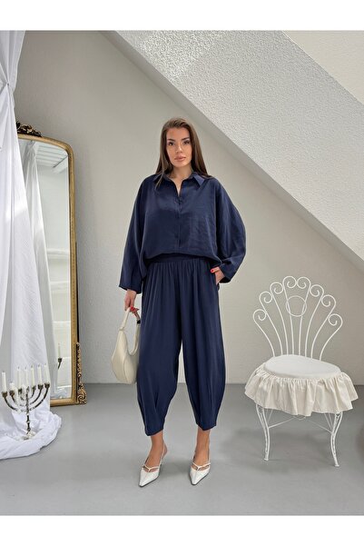 NEW JOURNAL Women's Navy Blue Tencel Shirt-Shalwar Trousers Set Frv10