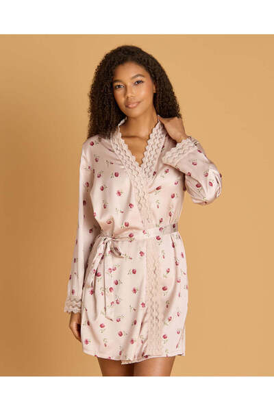 REDTAG Women Pink Printed Satin Robe With Lace