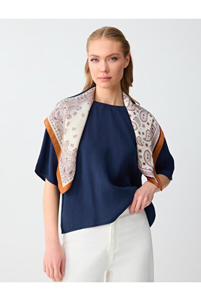 Jimmy Key Lacivert Rahat Kesim Kısa Kollu Yuvarlak Yaka Dokuma Bluz